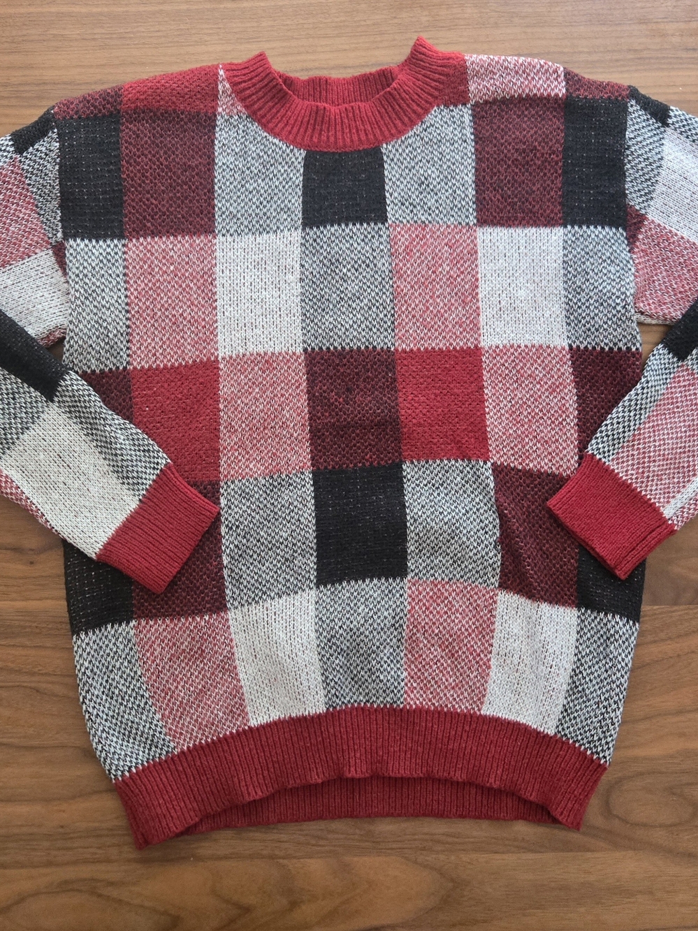 Red & Grey Block Plaid Knit Sweater Crewneck Cozy Grunge Academic M
